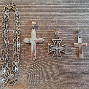 4 Piece Stainless Steel Cross Pendant and Chain Set